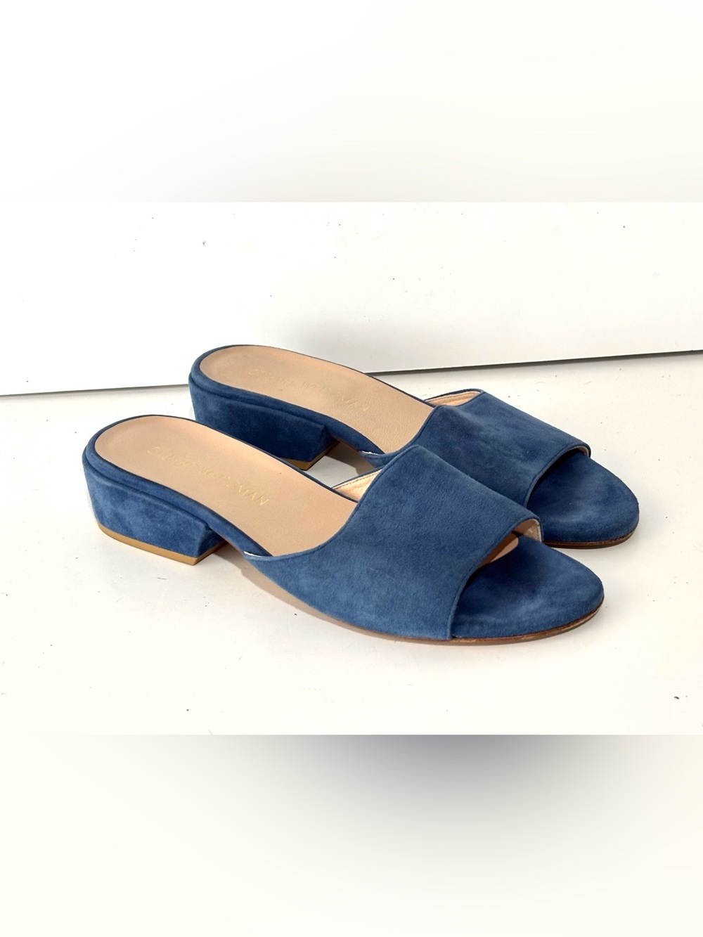 Stuart Weitzman Blue Suede Open-Toe Low Block Heel Mules 8.5 N